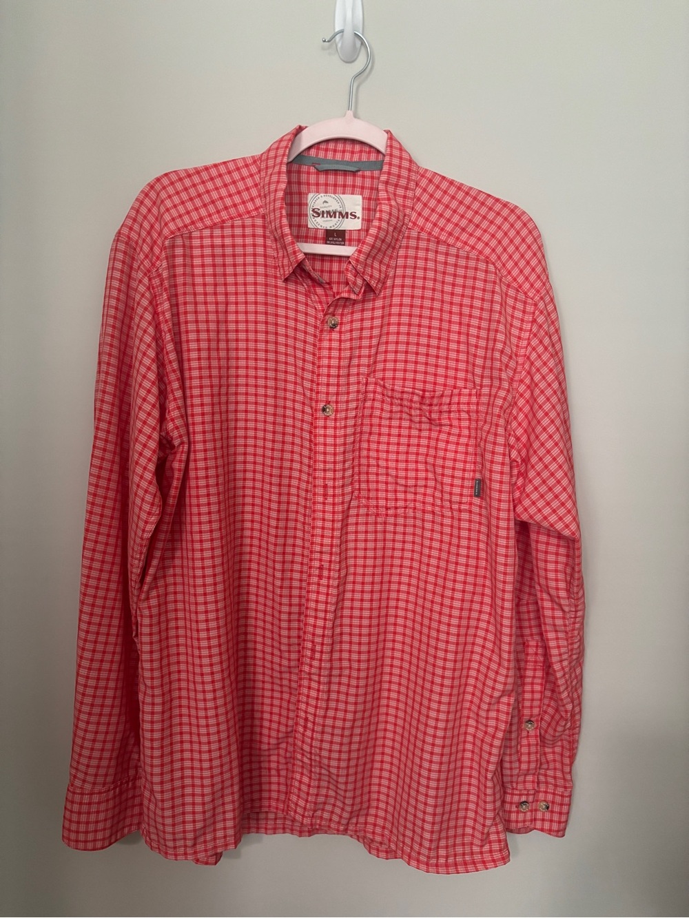 Simms Men’s Red Plaid Long-Sleeve Button-Up Shirt Size L - PTP 24” - Length 30”